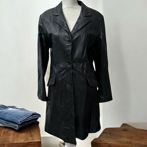 Vintage Women's Long Black Leather Notch Collar Matrix Trench Coat Size Large